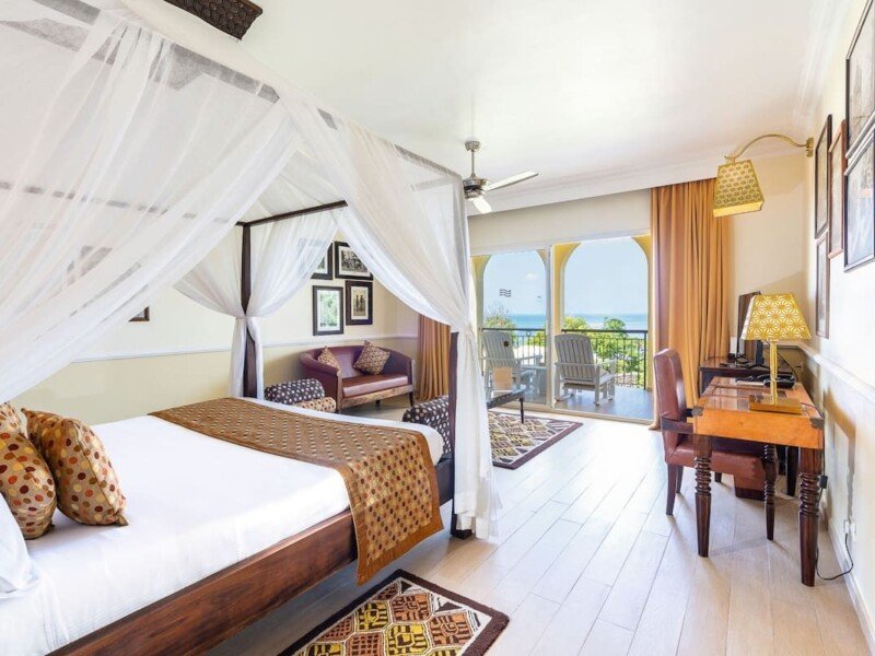 Sea view room with a four poster bed in a luxury Zanzibar hotel